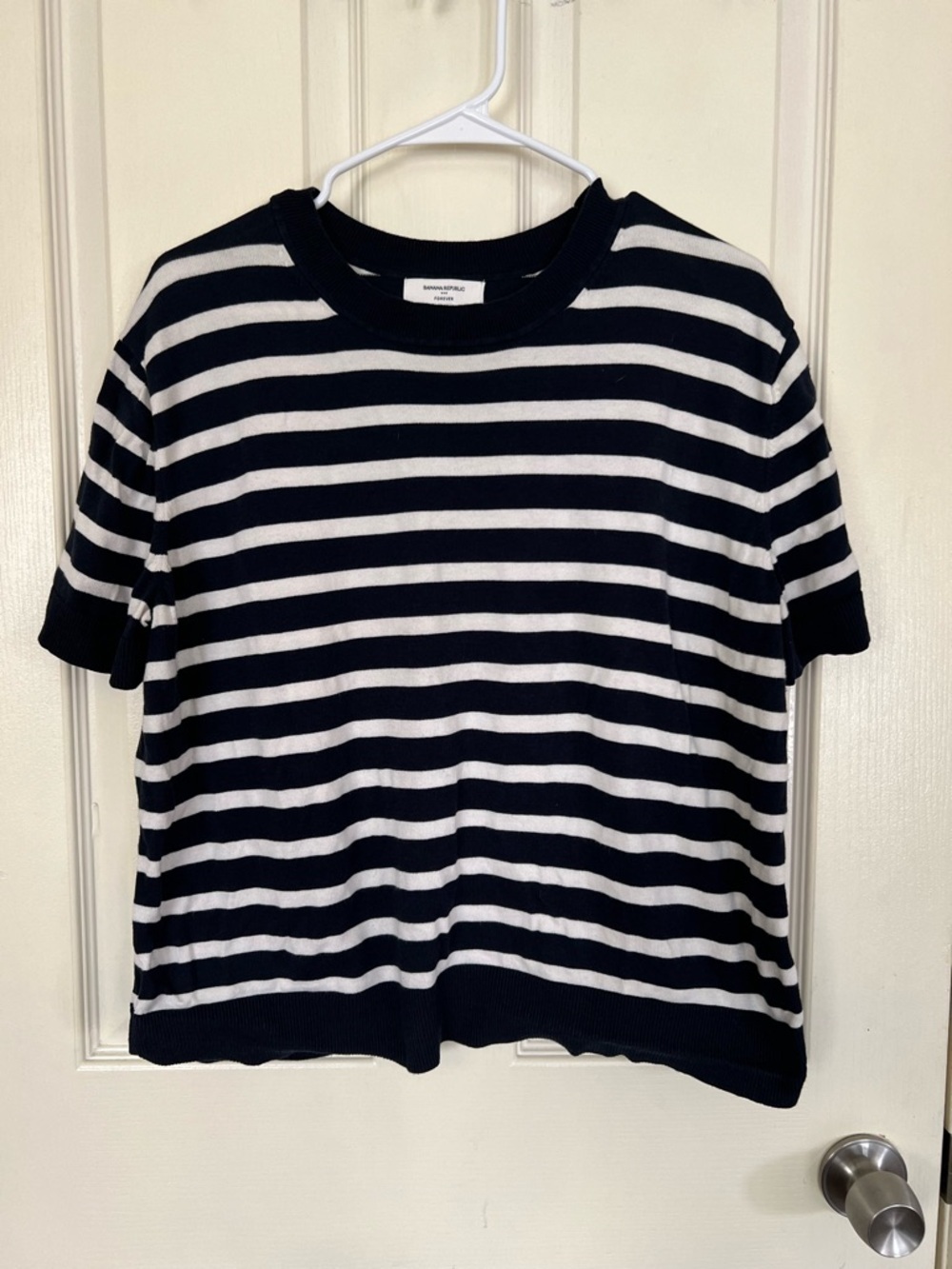 Banana Republic Navy Off-White Striped Knit Top XL Short Sleeve Boxy